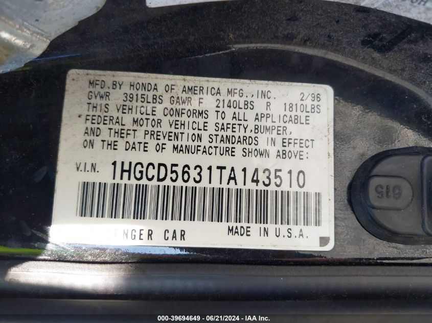 1996 Honda Accord Lx/Ex VIN: 1HGCD5631TA143510 Lot: 39694649