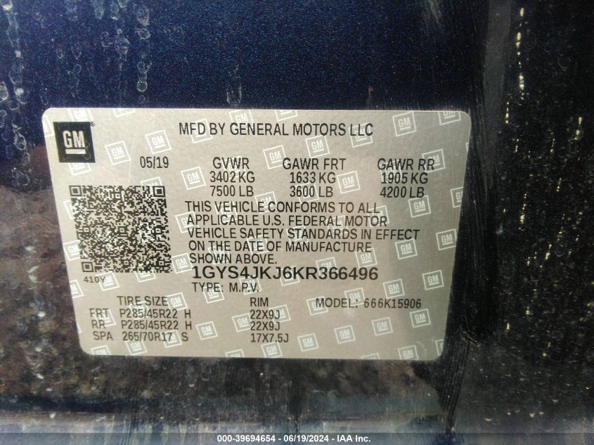 2019 CADILLAC ESCALADE ESV ESV PREMIUM LUXURY - 1GYS4JKJ6KR366496