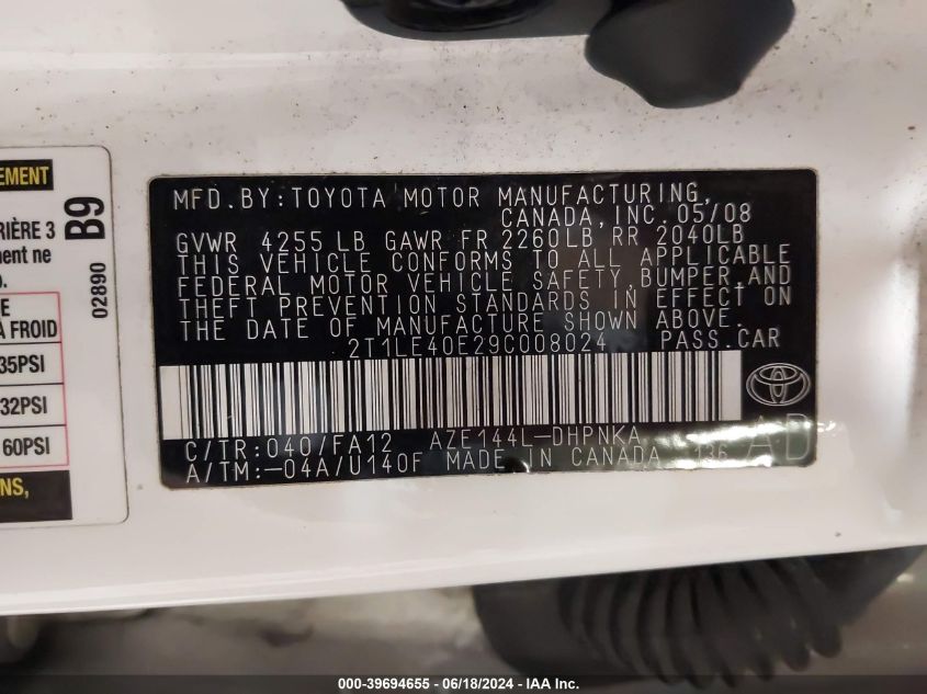 2009 Toyota Matrix S VIN: 2T1LE40E29C008024 Lot: 39694655