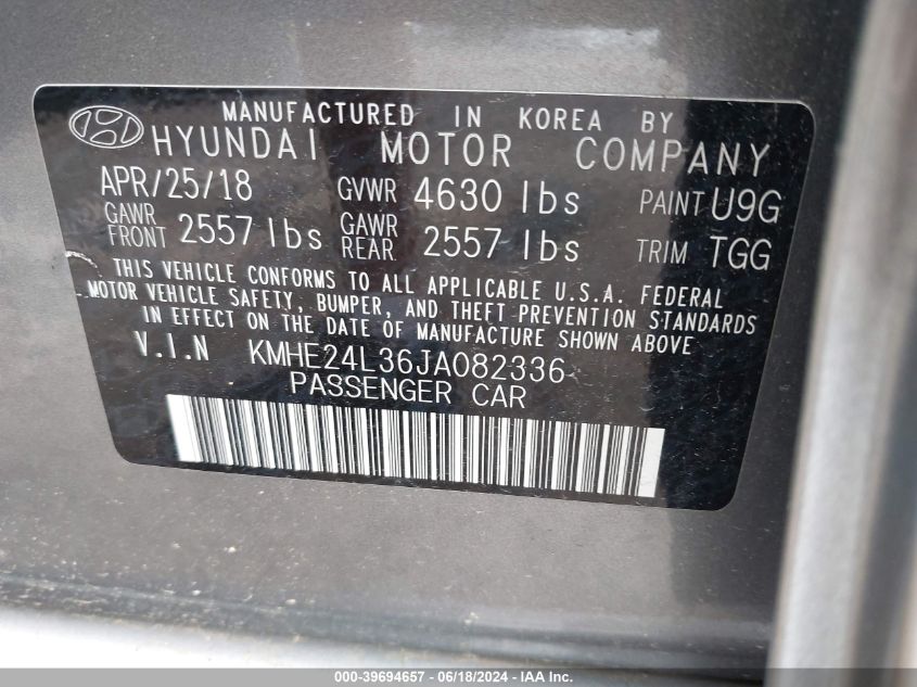 2018 Hyundai Sonata Hybrid Se VIN: KMHE24L36JA082336 Lot: 39694657