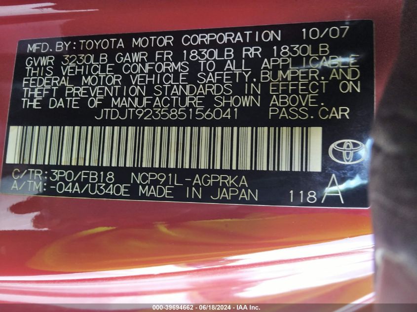 2008 Toyota Yaris VIN: JTDJT923585156041 Lot: 39694662