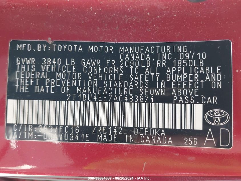 2010 Toyota Corolla Le VIN: 2T1BU4EE7AC483874 Lot: 39694687