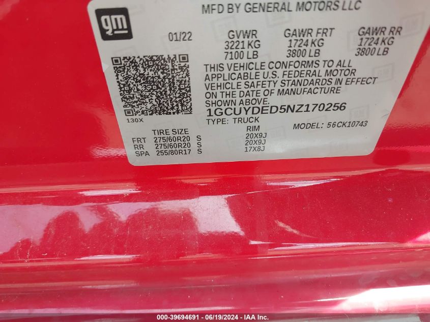2022 Chevrolet Silverado 1500 Ltd 4Wd Standard Bed Lt VIN: 1GCUYDED5NZ170256 Lot: 39694691