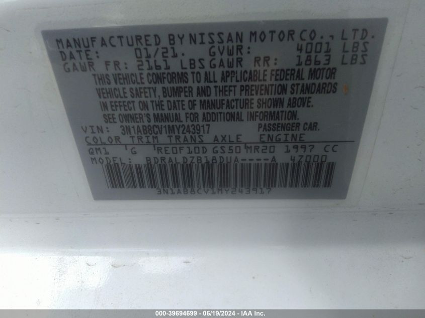 2021 Nissan Sentra Sv Xtronic Cvt VIN: 3N1AB8CV1MY243917 Lot: 39694699