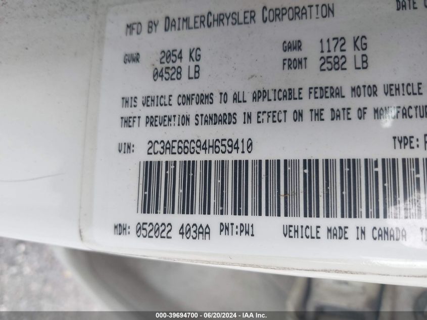 2004 Chrysler 300M VIN: 2C3AE66G94H659410 Lot: 39694700