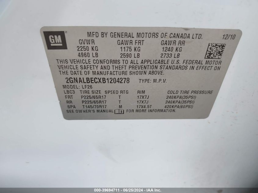 2011 Chevrolet Equinox Ls VIN: 2GNALBECXB1204278 Lot: 39694711