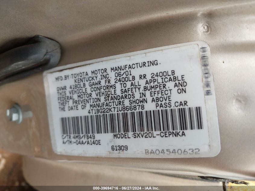 4T1BG22K71U866878 2001 Toyota Camry Le