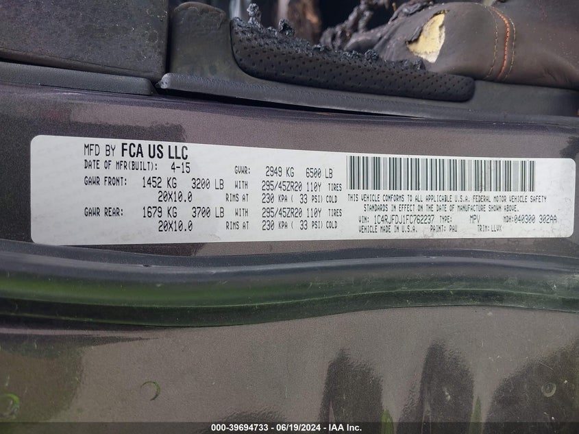 2015 Jeep Grand Cherokee Srt VIN: 1C4RJFDJ1FC762237 Lot: 39694733