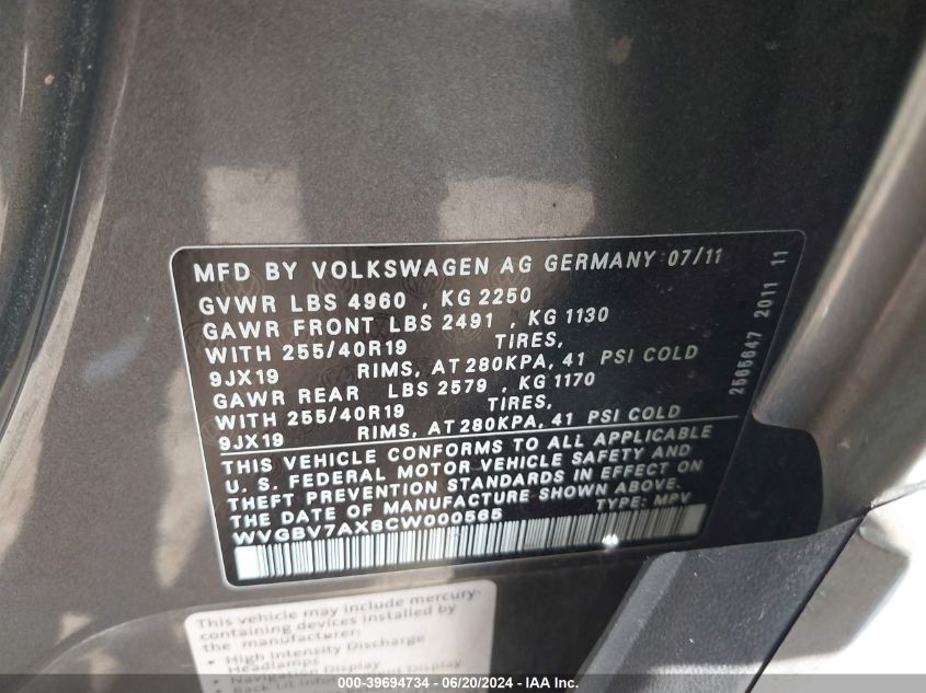 2012 Volkswagen Tiguan Sel VIN: WVGBV7AX8CW000565 Lot: 39694734