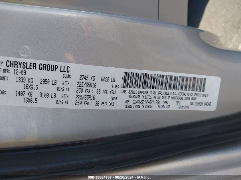 2010 Dodge Grand Caravan Sxt VIN: 2D4RN5D12AR211784 Lot: 39694737