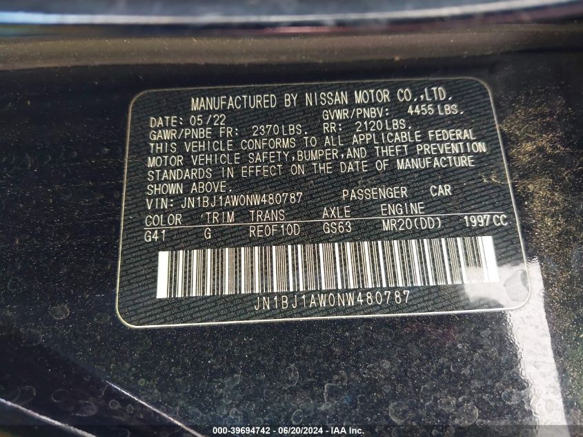 2022 Nissan Rogue Sport S Awd Xtronic Cvt VIN: JN1BJ1AW0NW480787 Lot: 39694742