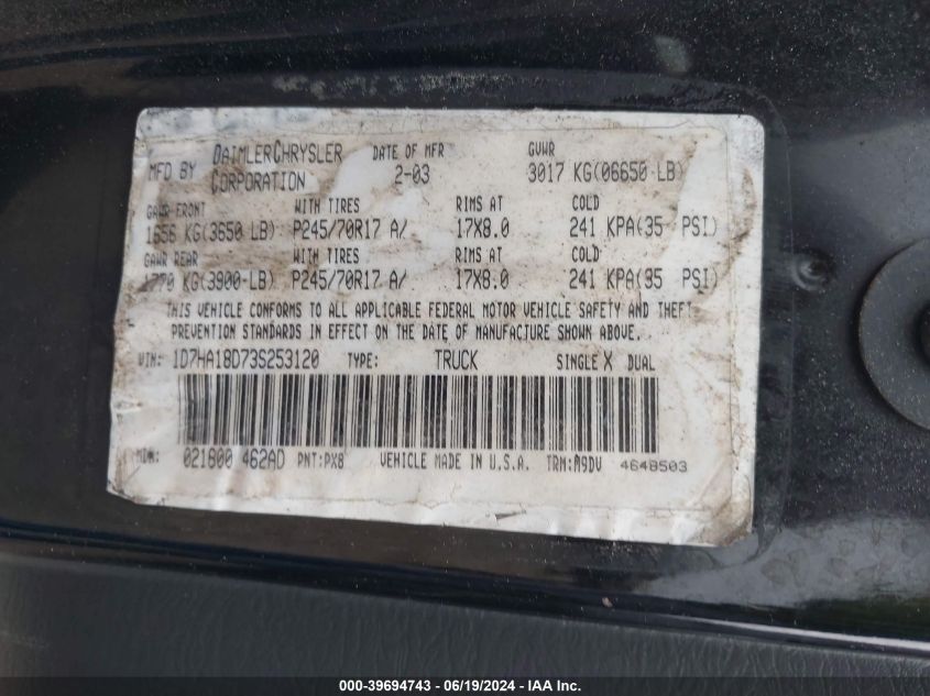 2003 Dodge Ram 1500 Slt/Laramie/St VIN: 1D7HA18D73S253120 Lot: 39694743