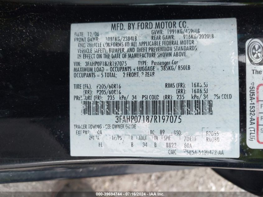 2007 Ford Fusion Se VIN: 3FAHP07187R197075 Lot: 39694744