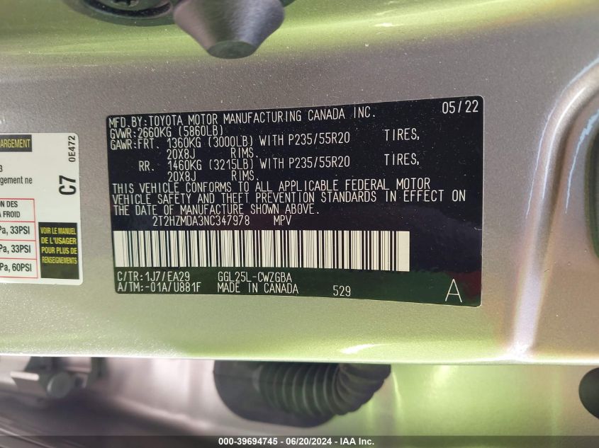 2022 Lexus Rx 350 VIN: 2T2HZMDA3NC347978 Lot: 39694745