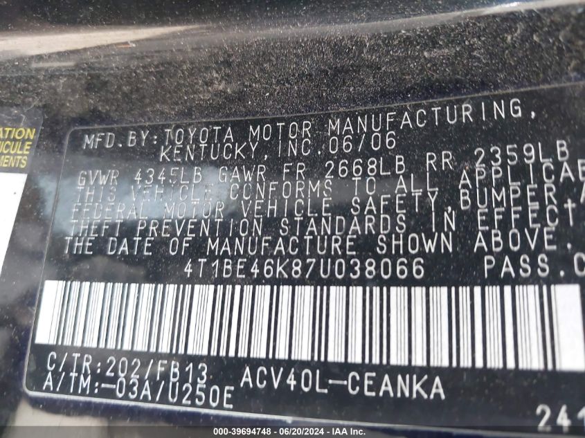 2007 Toyota Camry Le VIN: 4T1BE46K87U038066 Lot: 39694748