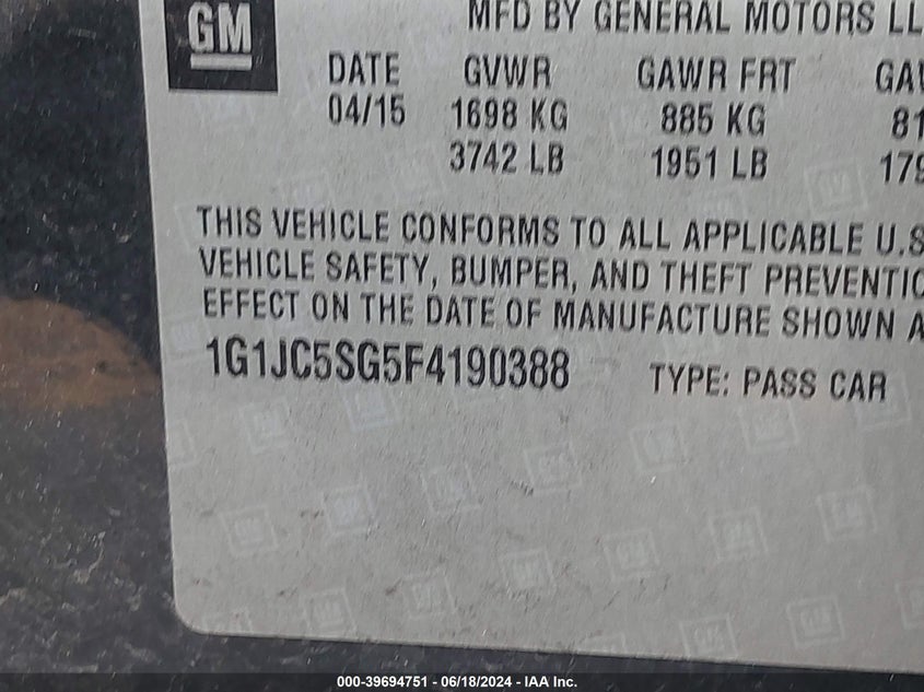 2015 Chevrolet Sonic Lt Auto VIN: 1G1JC5SG5F4190388 Lot: 39694751