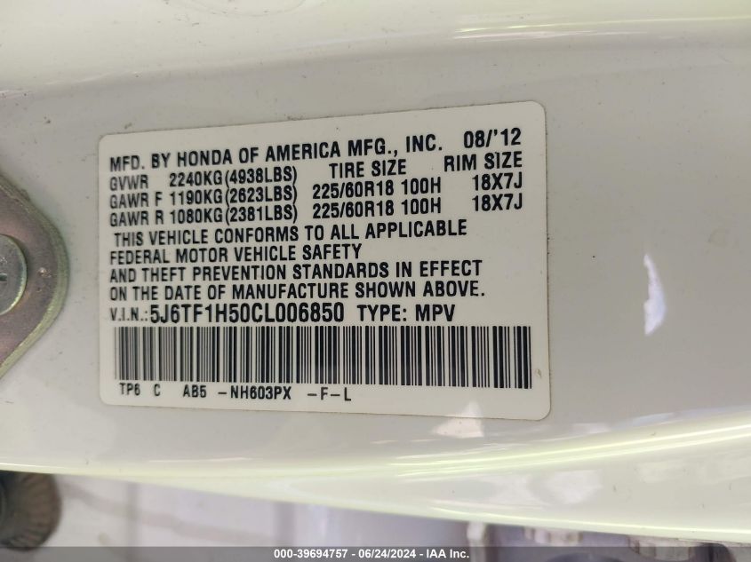 2012 Honda Crosstour Ex-L VIN: 5J6TF1H50CL006850 Lot: 39694757
