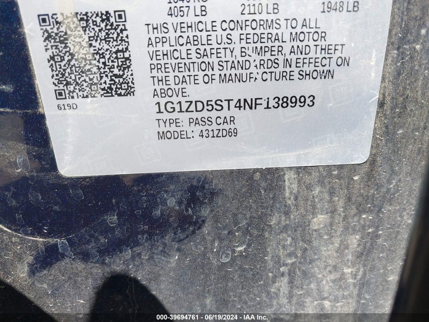 2022 Chevrolet Malibu Lt VIN: 1G1ZD5ST4NF138993 Lot: 39694761