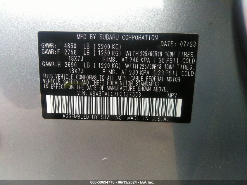 2024 Subaru Outback Onyx Edition VIN: 4S4BTALC7R3137553 Lot: 39694778