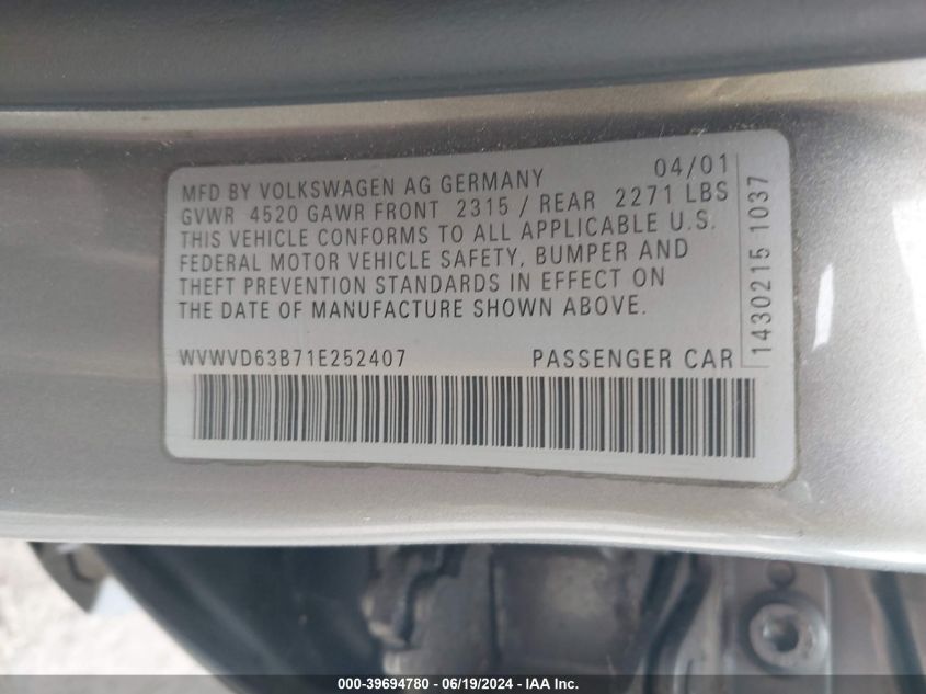 2001 Volkswagen Passat Gls VIN: WVWVD63B71E252407 Lot: 39694780