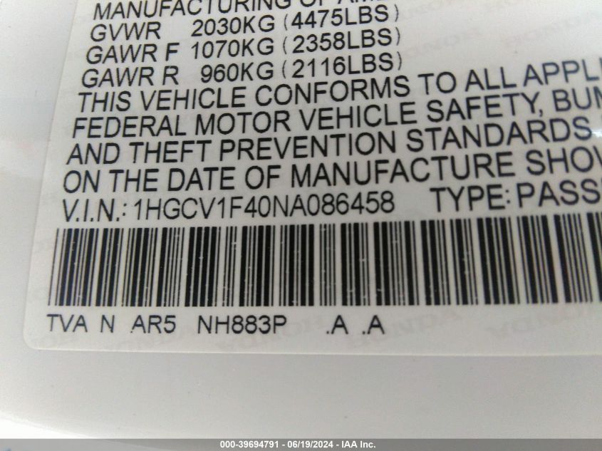 2022 Honda Accord Sport Se VIN: 1HGCV1F40NA086458 Lot: 39694791