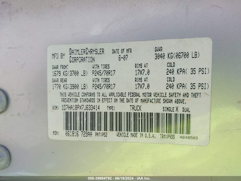 2007 Dodge Ram 1500 St VIN: 1D7HA18PX7J633414 Lot: 39694792