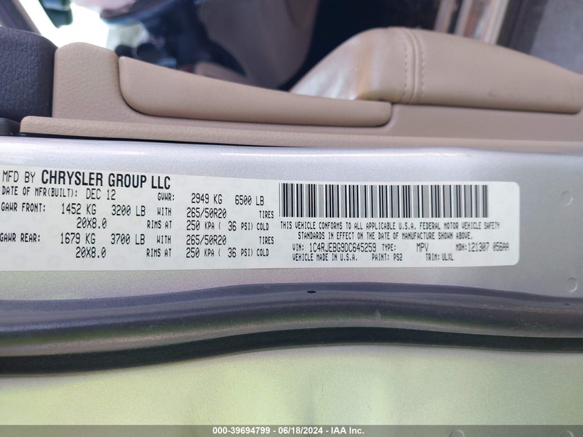 2013 Jeep Grand Cherokee Limited VIN: 1C4RJEBG9DC645259 Lot: 39694799