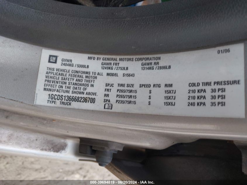 2006 Chevrolet Colorado Lt VIN: 1GCDS136668236700 Lot: 39694819
