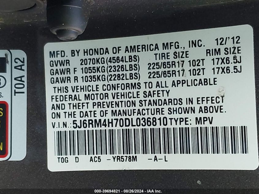 2013 Honda Cr-V Ex-L VIN: 5J6RM4H70DL036810 Lot: 39694821