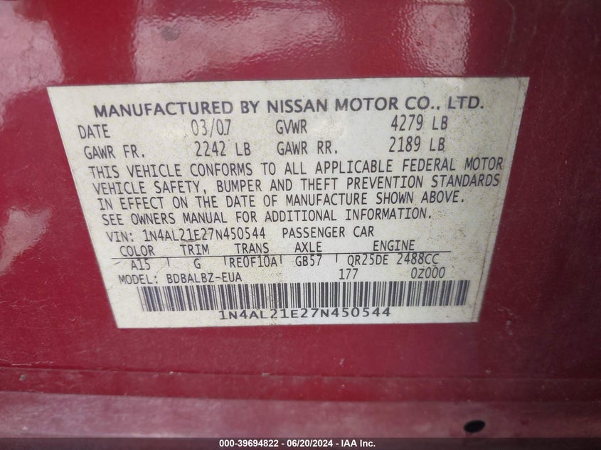 2007 Nissan Altima 2.5/2.5S VIN: 1N4AL21E27N450544 Lot: 39694822