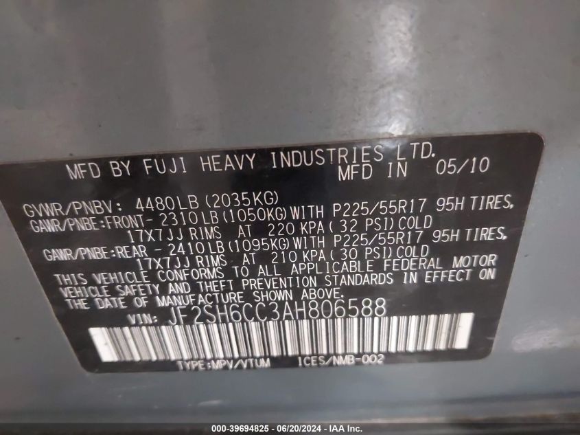 2010 Subaru Forester 2.5X Premium VIN: JF2SH6CC3AH806588 Lot: 39694825