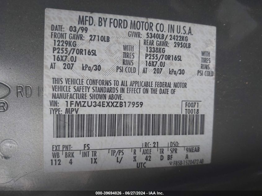 1999 Ford Explorer Eddie Bauer/Limited/Xlt VIN: 1FMZU34EXXZB17959 Lot: 39694826