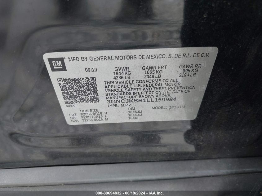 2020 Chevrolet Trax Fwd Ls VIN: 3GNCJKSB1LL159984 Lot: 39694832