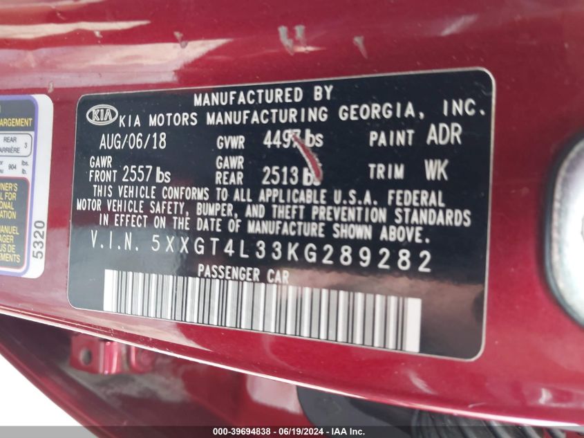 2019 Kia Optima S VIN: 5XXGT4L33KG289282 Lot: 39694838