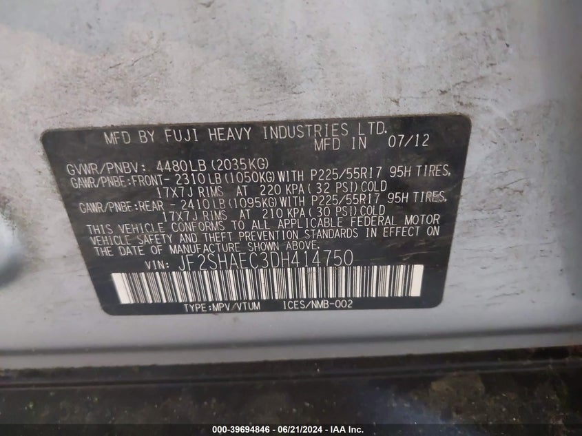 2013 Subaru Forester 2.5X Limited VIN: JF2SHAEC3DH414750 Lot: 39694846