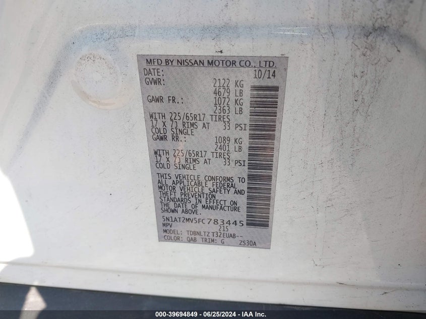 2015 Nissan Rogue Sv VIN: 5N1AT2MV5FC783445 Lot: 39694849