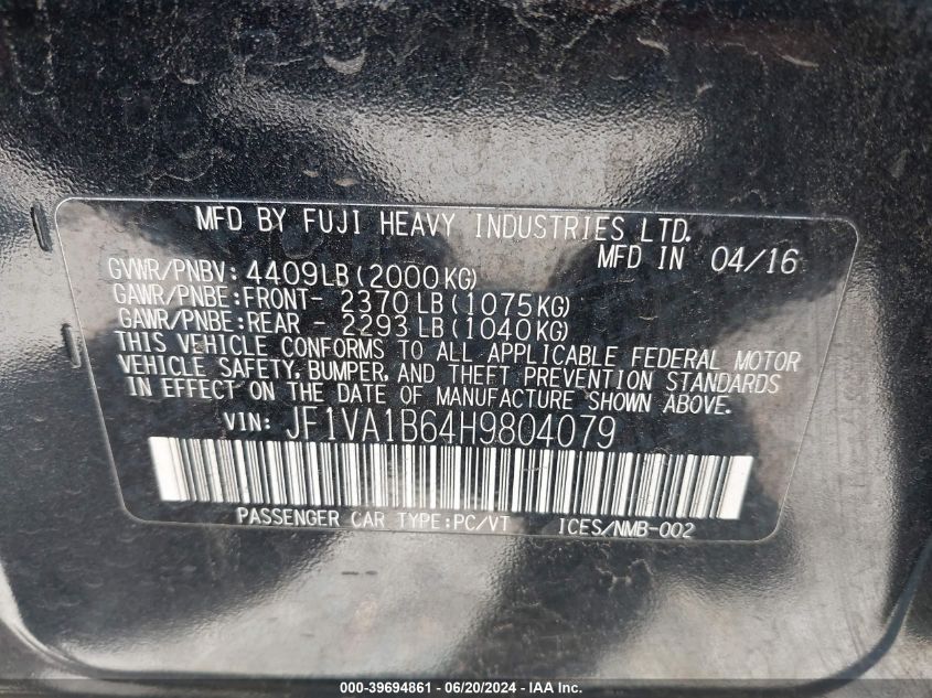 2017 SUBARU WRX - JF1VA1B64H9804079