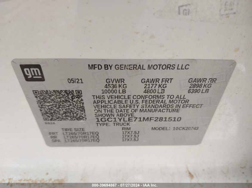 2021 Chevrolet Silverado 2500Hd 4Wd Standard Bed Wt VIN: 1GC1YLE71MF281510 Lot: 39694867