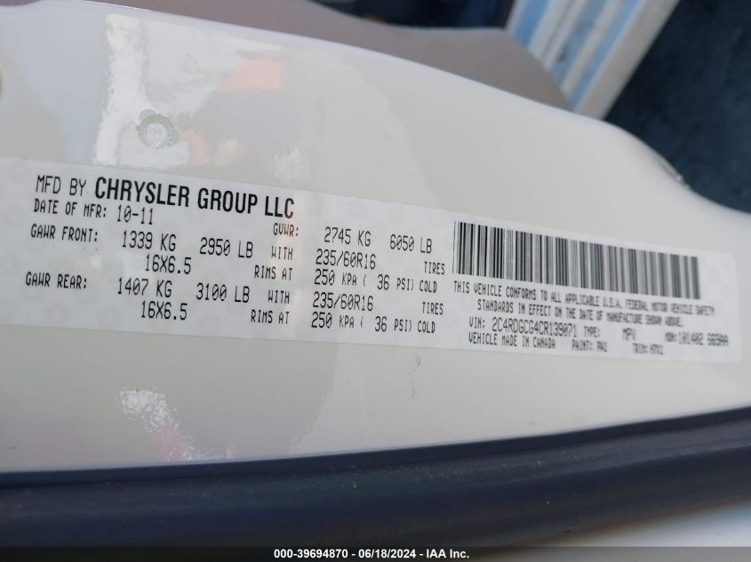 2012 Dodge Grand Caravan Sxt VIN: 2C4RDGCG4CR139071 Lot: 39694870