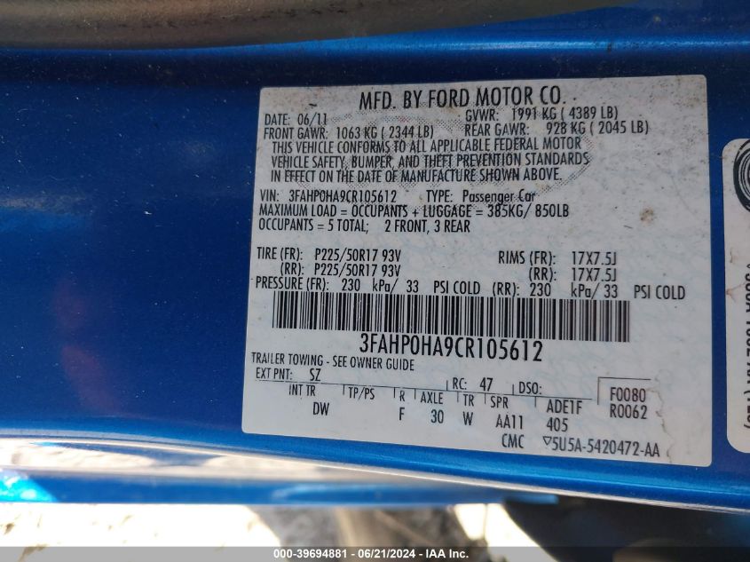 2012 Ford Fusion Se VIN: 3FAHP0HA9CR105612 Lot: 39694881