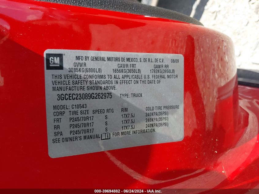2009 Chevrolet Silverado C1500 Lt VIN: 3GCEC23089G262975 Lot: 39694882