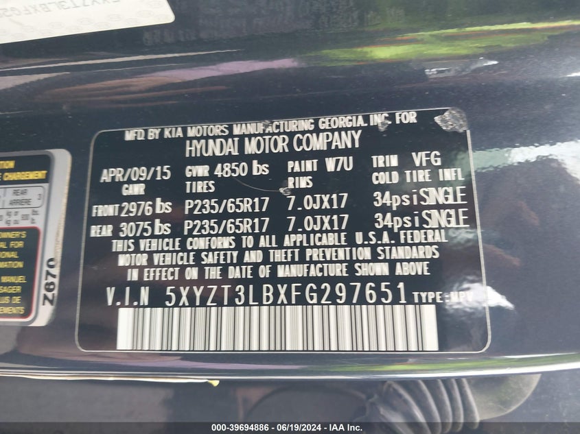 2015 Hyundai Santa Fe Sport VIN: 5XYZT3LBXFG297651 Lot: 39694886