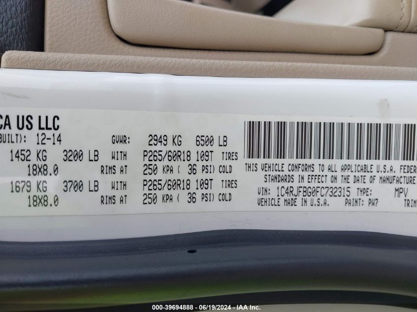 2015 Jeep Grand Cherokee Limited VIN: 1C4RJFBG0FC732315 Lot: 39694888