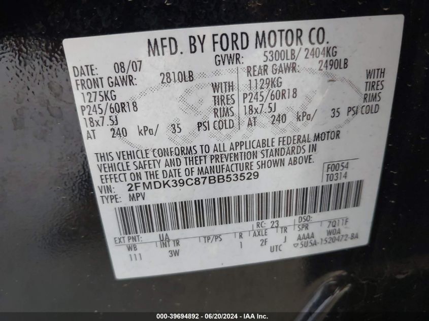 2007 Ford Edge Sel Plus VIN: 2FMDK39C87BB53529 Lot: 39694892