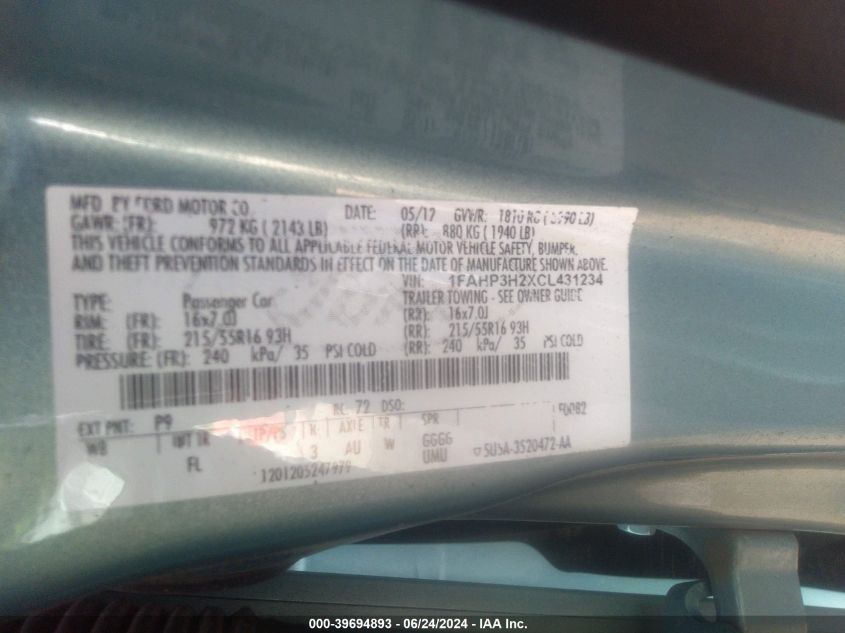 2012 Ford Focus Sel VIN: 1FAHP3H2XCL431234 Lot: 39694893