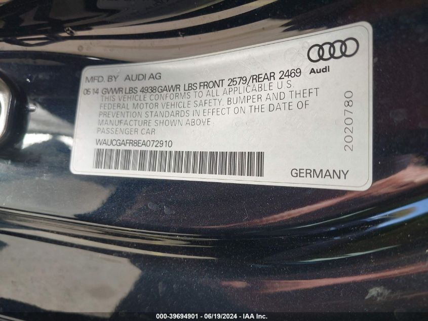 2014 Audi S5 Premium Plus VIN: WAUCGAFR8EA072910 Lot: 39694901