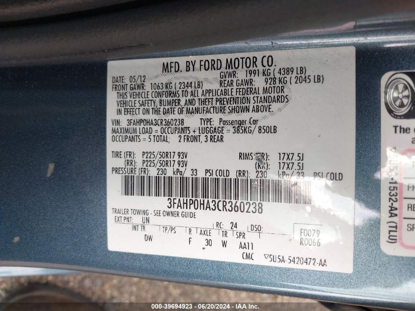 2012 Ford Fusion Se VIN: 3FAHP0HA3CR360238 Lot: 39694923