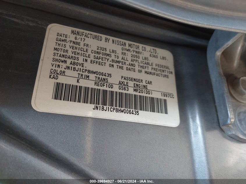 2017 Nissan Rogue Sport Sl VIN: JN1BJ1CP8HW006435 Lot: 39694927