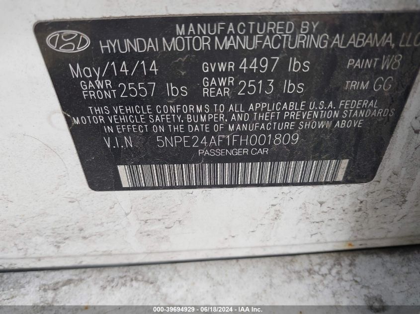 2015 Hyundai Sonata Se VIN: 5NPE24AF1FH001809 Lot: 39694929