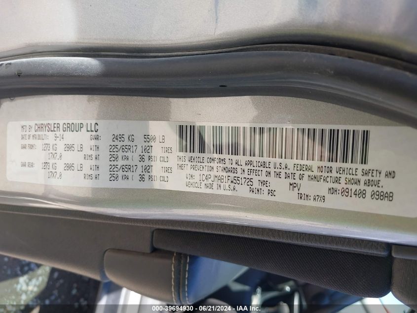 2015 Jeep Cherokee Sport VIN: 1C4PJMAB1FW551725 Lot: 39694930